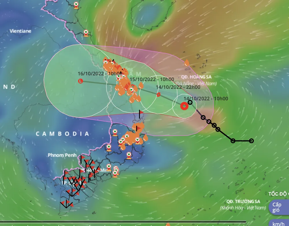 Dự báo vị trí và đường đi của áp thấp nhiệt đới mạnh lên thành bão số 5. Ảnh: VNDMS
