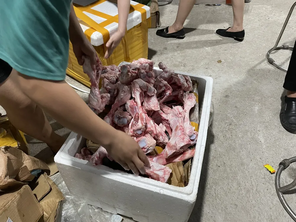 Xương động vật đông lạnh không rõ nguồn gốc xuất xứ bị thu giữ tại hiện trường. Ảnh: QLTT Hà Nội