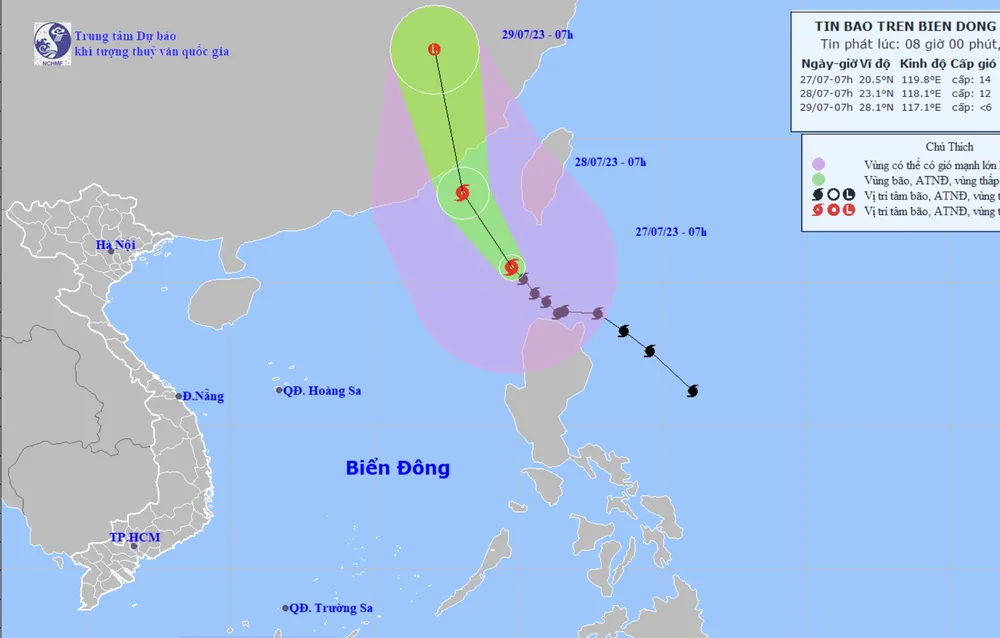 Dự báo vị trí và đường đi của bão Doksuri. Ảnh: Trung tâm KTTVQG