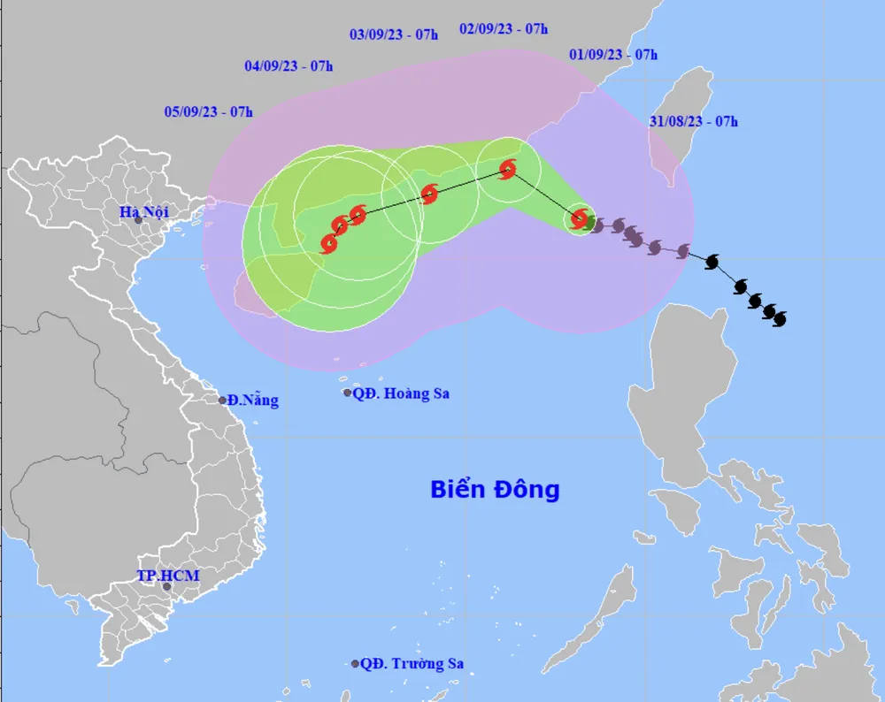 Dự báo vị trí và đường đi của bão số 3. Ảnh: KTTVQG Dự báo vị trí và đường đi của bão số 3. Ảnh: KTTVQG