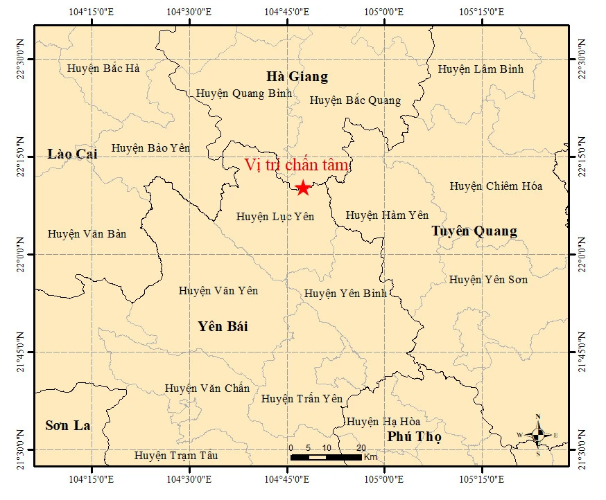 Bản đồ chấn tâm động đất ở Lục Yên. Ảnh: Viện VLĐC động đất.jpeg