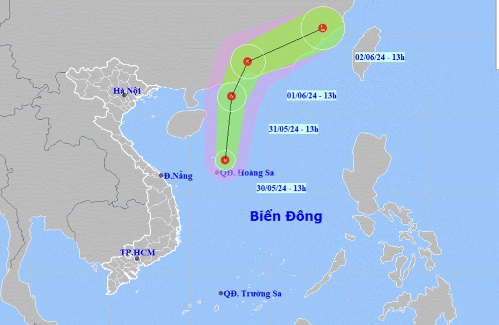 Dự báo vị trí và hướng đi của áp thấp nhiệt đới. Ảnh: KTTVQG ÁP THẤP NHIỆT ĐỚI