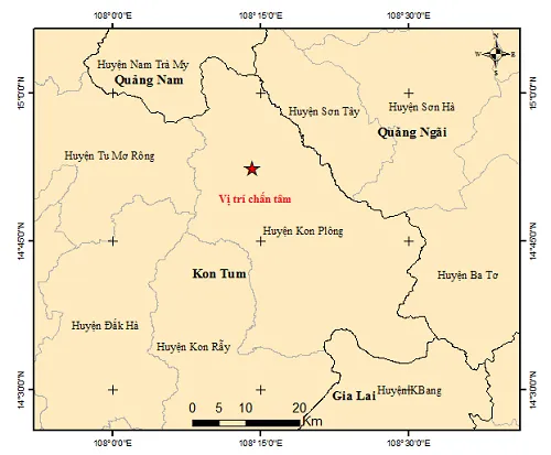 Bản đồ chấn tâm động đất ở Kon Tum. Ảnh: Viện VLĐC động đất với độ lớn 5.0