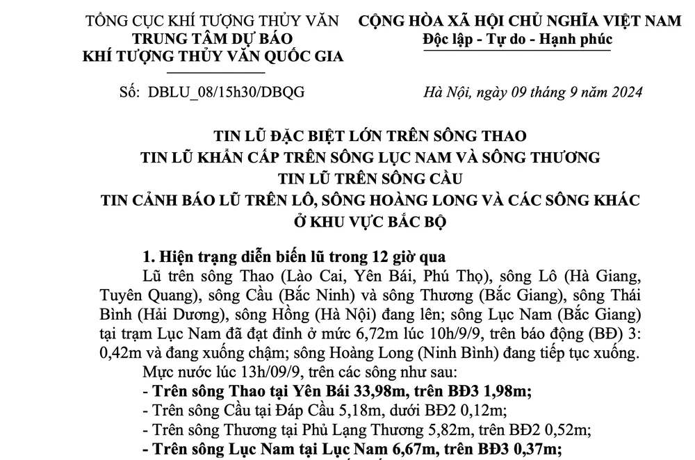 Chiều 9-9, Trung tâm Dự báo Khí tượng thuỷ văn quốc gia phát bản tin lũ đặc biệt lớn trên sông Thao. lũ đặc biệt lớn trên sông Thao.png