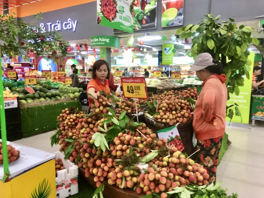 Hiện đang bắt đầu vụ thu hoạch vải thiều. Trong ảnh, vải thiều được bày bán tại siêu thị ở TP.HCM. Ảnh: Quang Huy được mùa mất giá..jpg