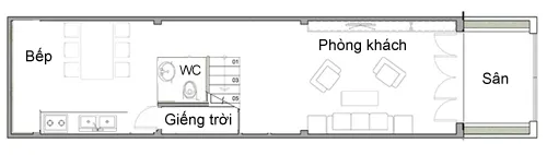 Minh họa bố trí ở tầng một của nhà chị Vân với giếng trời đầu tiên được xây sát hông nhà. thue-tho-tay-ngang-nha-pho-sai-gon-xay-hai-gieng-troi-ma-van-bi