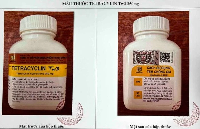 Mẫu thuốc Tetracyclin Tw3 250mg và Clorocid Tw3 mà Cơ quan cảnh sát điều tra Công an huyện Thạch Thất gửi đến Cục Quản lý Dược. Ảnh: CQLD