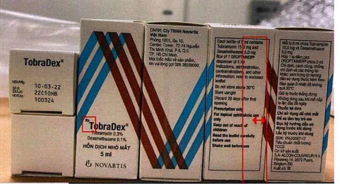 Bao bì thuốc nhỏ mắt TobraDex (thật). Ảnh: CQLD