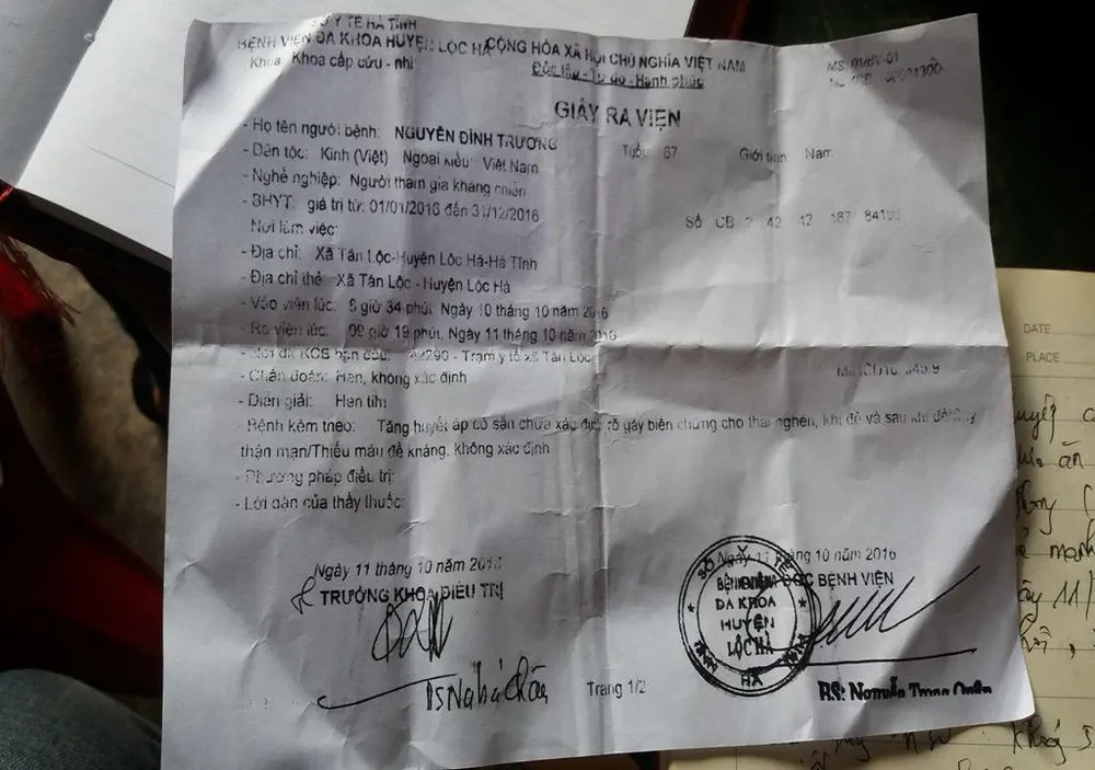 giấy ra viện của ông Trương