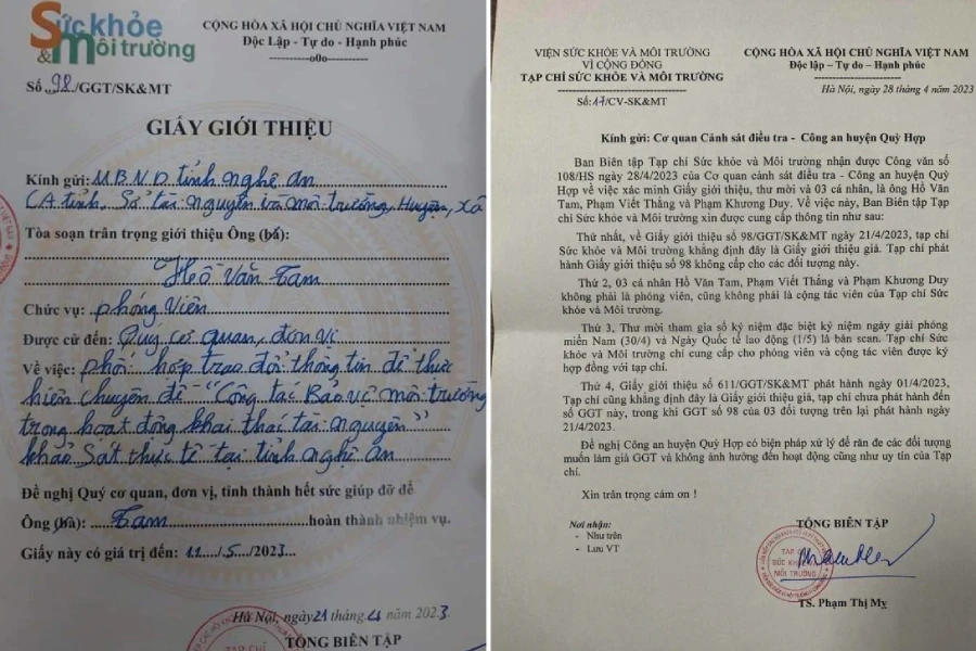 Giấy giới thiệu của Hồ Văn Tam và công văn của Tạp chí Sức khỏe và Môi trường khẳng định là giấy giả