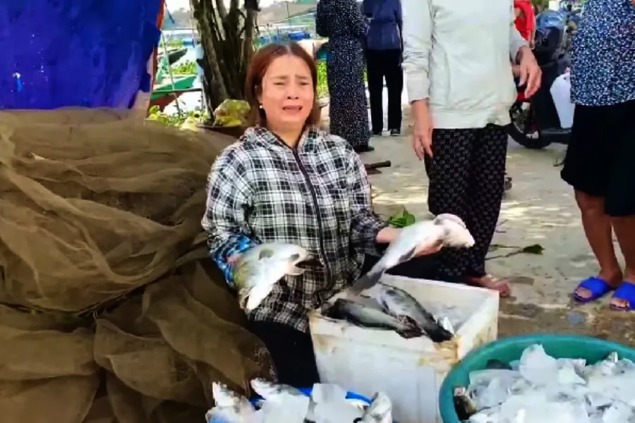 Chị Võ Thị Đào khóc khi các bè cá nuôi của gia đình bị chết. Trang-tay.jpg