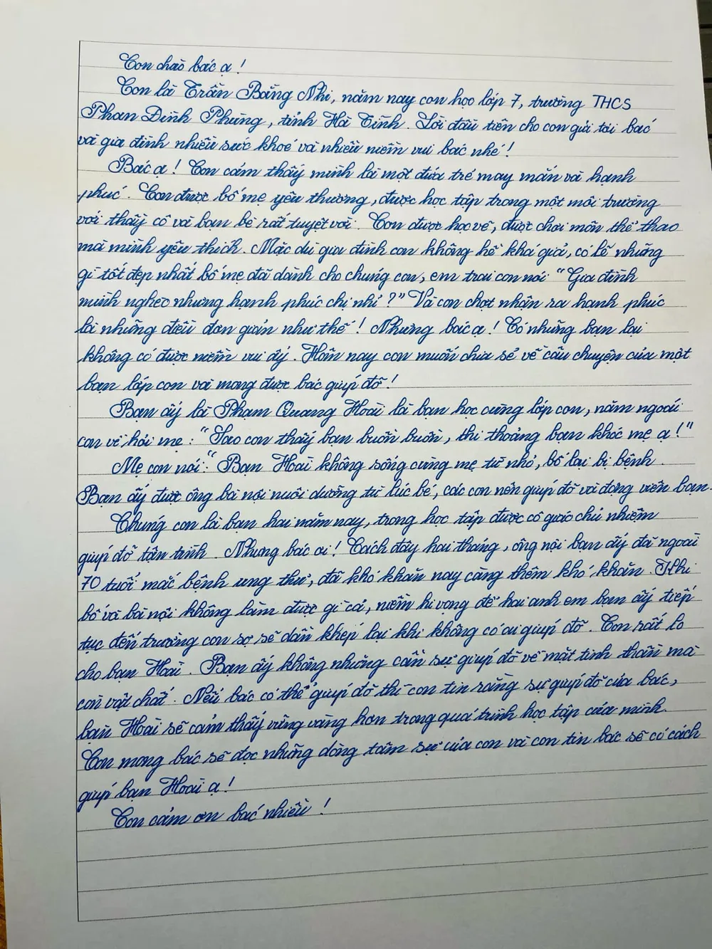Bức thư tay xin học bổng cho bạn của em Trần Bằng Nhi có nội dung cảm động.