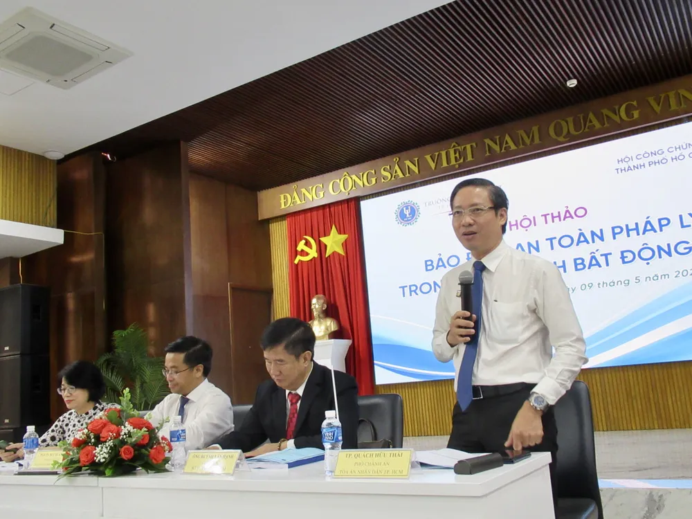 Ông Quách Hữu Thái (Phó Chánh án TAND TP.HCM) phát biểu tại hội thảo. Ảnh: YC Ông Quách Hữu Thái (Phó Chánh án TAND TP.HCM) phát biểu tại hội thảo. Ảnh: YC