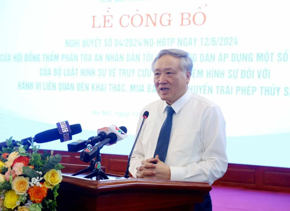 Chánh án TAND Tối cao Nguyễn Hòa Bình tại buổi lễ công bố Nghị quyết số 04/2024/NQ-HĐTP. Ảnh: CTV TAND-Toi-cao.jpg