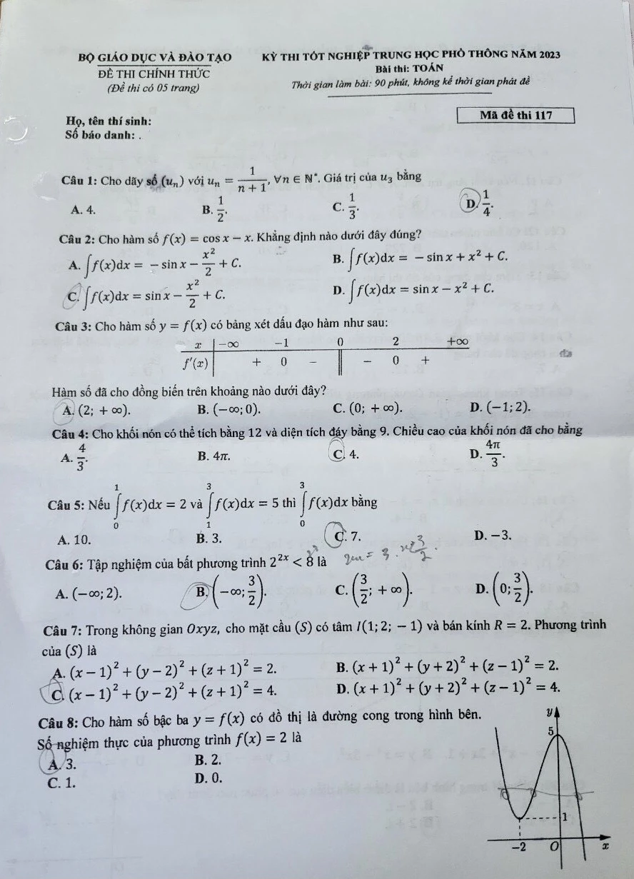 Đề thi môn Toán tốt nghiệp THPT 2023 ảnh 1