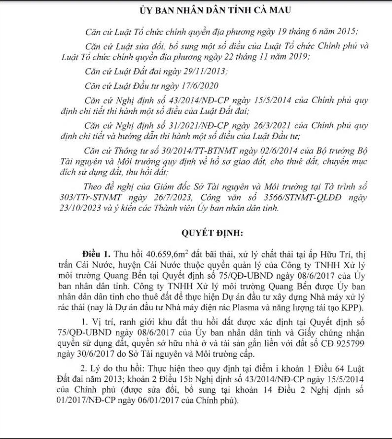 UBND tỉnh Cà Mau giao toàn bộ diện tích đất thu hồi của dự án nhà máy điện rác Plasma cho UBND huyện Cái Nước quản lý