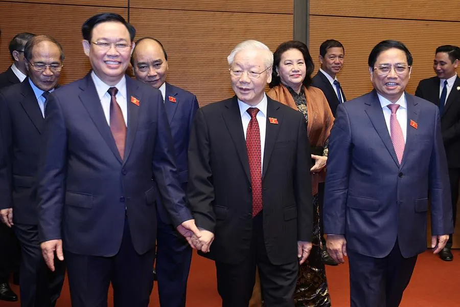 Tổng bí thư Nguyễn Phú Trọng cùng các lãnh đạo Đảng, Nhà nước tham dự phiên khai mạc kỳ họp thứ tư Quốc hội khóa XV vào sáng 20-10. Ảnh: NGHĨA ĐỨC