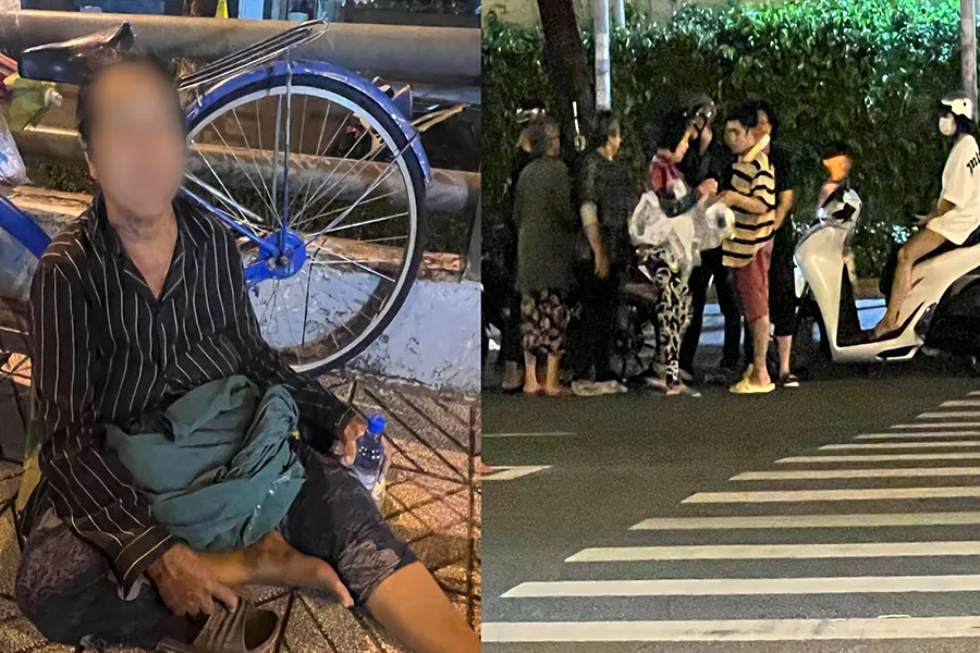 Bà H ngồi tại dốc cầu Ông Lãnh (hướng từ quận 4 sang quận 1) vào tối 22-8 và đám đông tập trung tại vỉa hè đường Hoàng Diệu (thuộc phường 6, quận 4) vào tối 28-8 để nhận quà từ thiện. w-P12-dua-797-tre-em-nguoi-lang-thang 2.jpg
