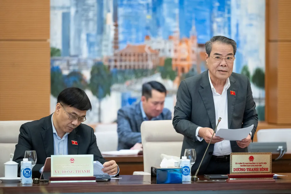 Trưởng ban Dân nguyện Quốc hội Dương Thanh Bình báo cáo tại phiên họp. Ảnh: PHẠM THẮNG Tránh việc tăng lương không theo kịp tăng giá