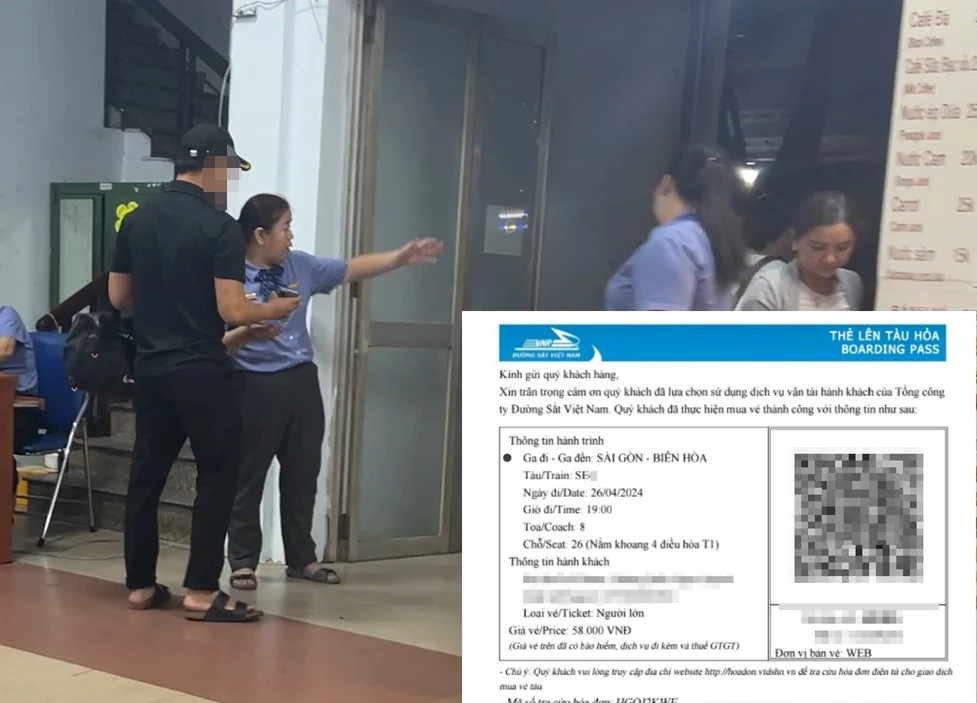 Chúng tôi qua cổng soát vé để lên tàu bằng vé của người khác (ảnh nhỏ) mà cò Hiệp chuyển vào ngày 29-4. Ảnh trong bài: Nhóm PV p5_chinh_bai 2 anh (10).jpg
