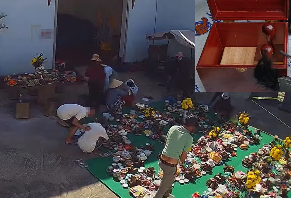 Một buổi cúng bái tại nơi được gọi là “linh cung” và hộp con dấu mà tà đạo này sử dụng bị công an thu giữ (ảnh nhỏ). P5_Phu2_thientrieunamquoc_pnam_ttam.jpg