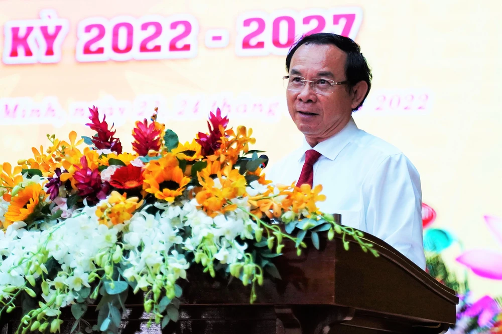 Bí thư Thành uỷ TP.HCM Nguyễn Văn Nên phát biểu tại Đại hội. Ảnh: BẢO PHƯƠNG