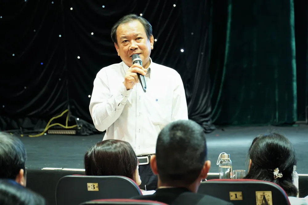 Tổng biên tập báo Pháp Luật TP.HCM Mai Ngọc Phước phát biểu tại hội nghị. Ảnh: BẢO PHƯƠNG