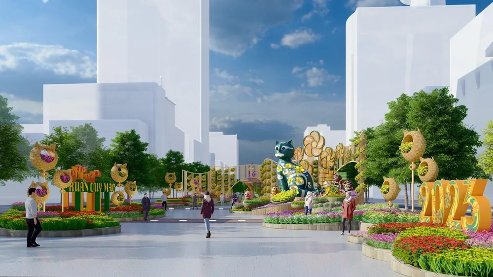 Nhằm tạo không gian thông thoáng cho lễ khai mạc và tối ưu hóa về mặt lưu thông, năm nay cổng chào Đường hoa không nằm ở vị trí trung tâm mà được dịch chuyển sang một bên. Đồng thời, phông nền đại cảnh phía sau được phân thành lớp trải dài từ phải sang trái với hơn 90 giỏ hoa được sử dụng trên vách tre cao 5,9m và rộng 46,3m, xen kẽ với những bông hoa lớn được tạo hình bởi khung sắt, ốp lưới mây mắt cáo làm cánh hoa.