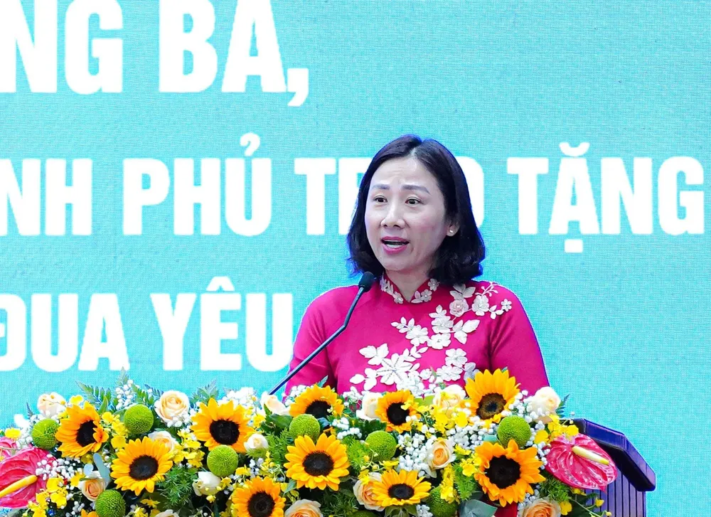 Chủ tịch UBND huyện Củ Chi Phạm Thị Thanh Hiền phát biểu tại buổi lễ. Ảnh: BẢO PHƯƠNG