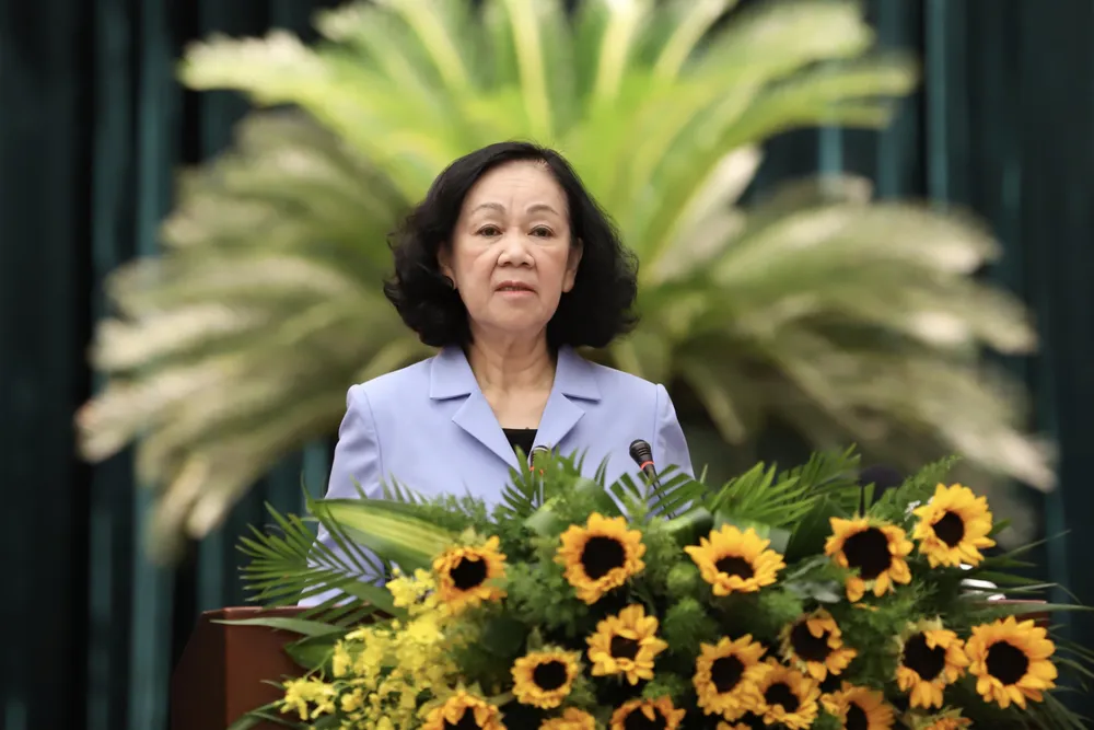 Thường trực Ban Bí thư Trương Thị Mai phát biểu tại hội nghị. Ảnh: BẢO PHƯƠNG