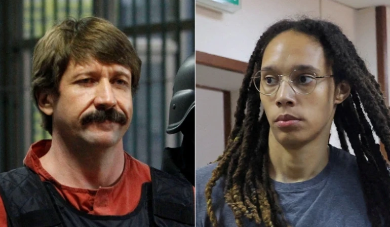 Trùm buôn vũ khí Viktor Bout (bên trái) và nữ ngôi sao bóng rổ Brittney Griner (bên phải). ẢNH: REUTERS