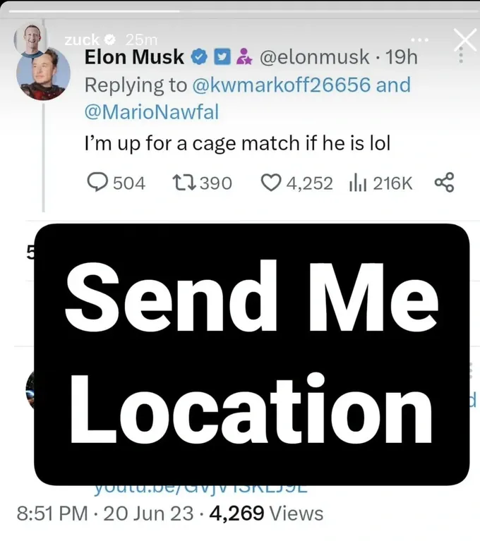 Ông Mark Zuckerberg chụp ảnh màn hình lời thách đấu của ông Elon Musk kèm lời nhắn: &quot;Gửi tôi địa điểm&quot;. Ảnh: INSTAGRAM