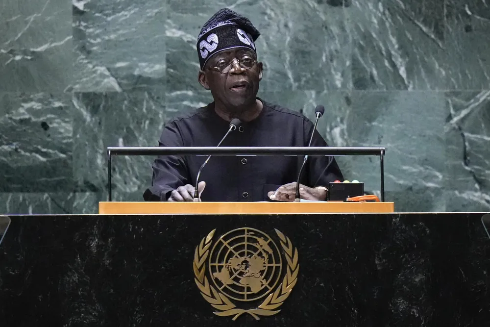 Tổng thống Nigeria - ông Bola Tinubu phát biểu tại kỳ họp Đại hội đồng Liên Hợp Quốc hôm 19-9. Ảnh: AP download (17) (1).jpg