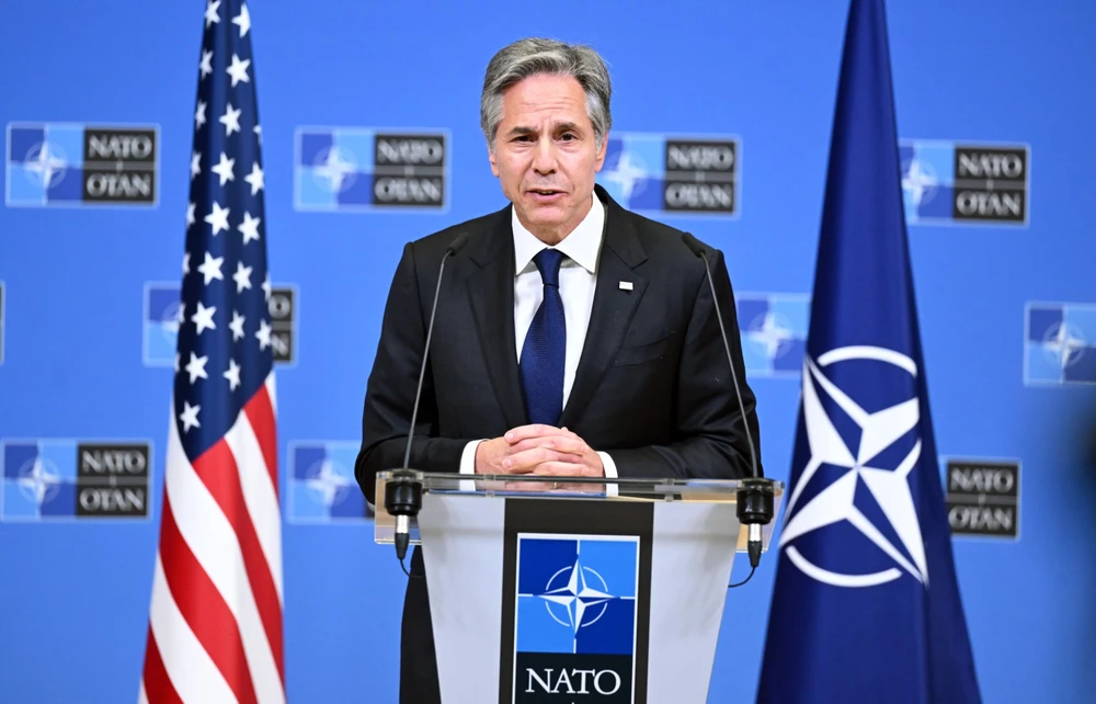 Ngoại trưởng Mỹ Antony Blinken trong cuộc họp báo ở Brussels (Bỉ) hôm 4-4. Ảnh: ANADOLU AGENCY blinken-1-gty-bb-240405_1712325258742_hpMain.jpg