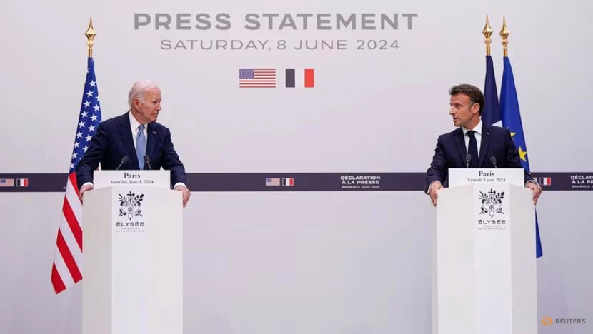 Tổng thống Mỹ Joe Biden và Tổng thống Pháp Emmanuel Macron trong cuộc họp báo hôm 8-6. Ảnh: REUTERS (PLO)- Tổng thống Mỹ Joe Biden cam kết sẽ tiếp tục ủng hộ Ukraine và cảnh báo Tổng thống Nga Vladimir Putin sẽ 'không dừng lại' ở Ukraine.