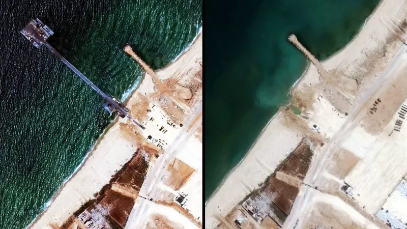 Cầu tàu do Mỹ xây dựng ở Gaza, trước và sau khi bị tháo dỡ. Ảnh: MAXAR Cầu tàu do Mỹ xây dựng ở Gaza