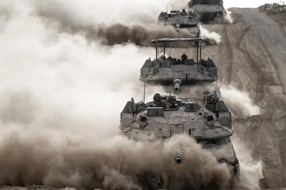 Xe tăng của lực lượng Israel tại bắc Gaza vào tháng 5. Ảnh: GETTY IMAGES nhom-vu-trang-Hezbollah.webp