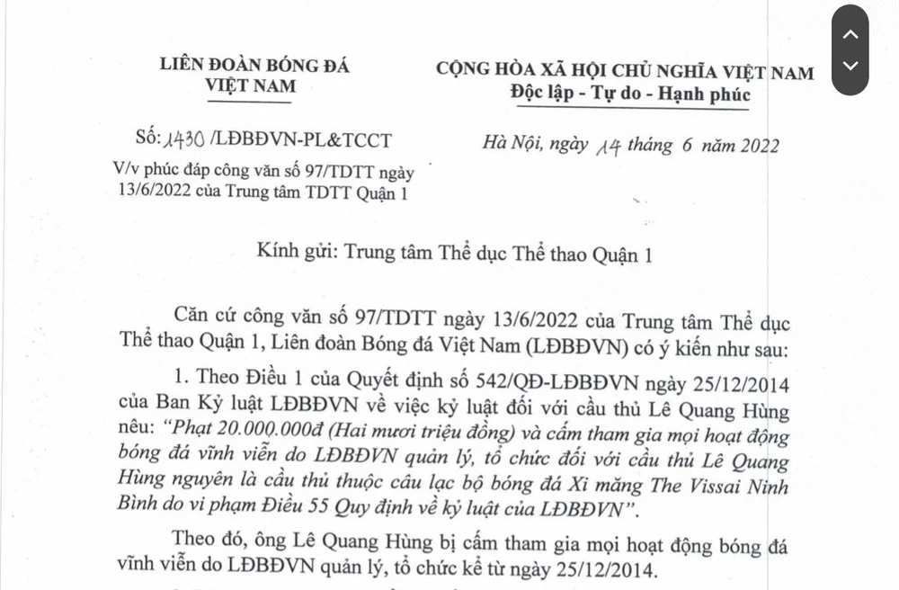 Phúc đáp của VFF về trường hợp của cầu thủ Lê Quang Hùng.