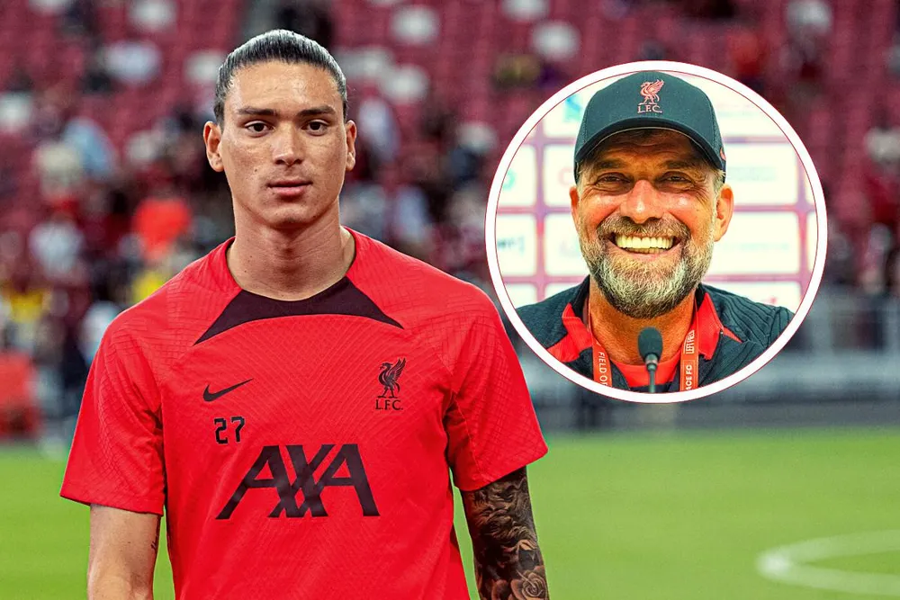 HLV Klopp rất kỳ vọng vào tân binh Nunez sẽ giúp hàng công Liverpool mạnh hơn trong mùa giải mới. Ảnh: CGI.