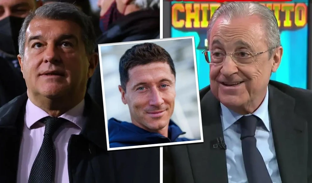 Chủ tịch Perez chúc mừng đồng cấp Laporta khi mua về chân sút Lewandowski. Ảnh: CGI.