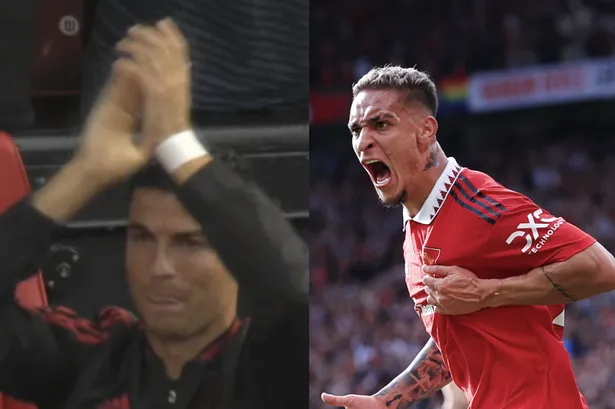 Ronaldo phấn khích sau khi Antony ghi bàn mở điểm cho Man United. Ảnh: CGI.