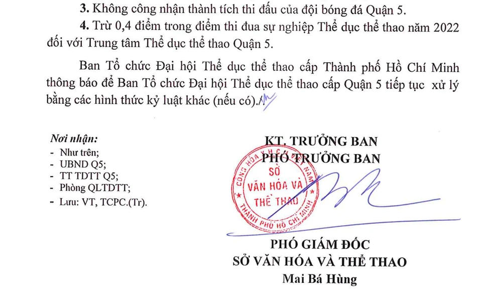Văn bản kỷ luật đội bóng đá Quận 5 vi phạm Điều lệ giải.
