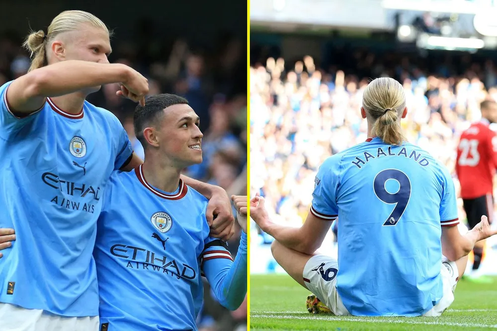 Haaland và Foden ghi mỗi người một hat trick vào lưới Man United. Ảnh: CGI.