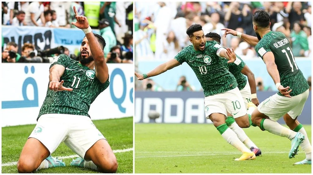 Al Shehri và Al Dawsari đã ghi hai bàn chỉ trong 5 phút giúp Saudi Arabia thắng ngược Argentina 2-1. Ảnh: GETTY.