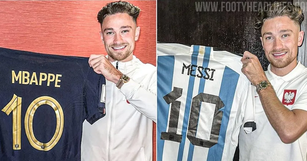 Matty Cash hạnh phúc khi có hai chiếc áo đấu của Mbappe và Messi. Ảnh: GETTY.