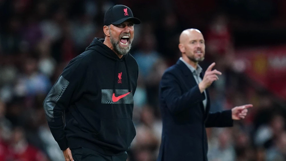 HLV Klopp không ngờ các học trò ông đánh bại Man United của đồng nghiệp Ten Hag với tỉ số nặng nề như thế. Ảnh: GETTY.