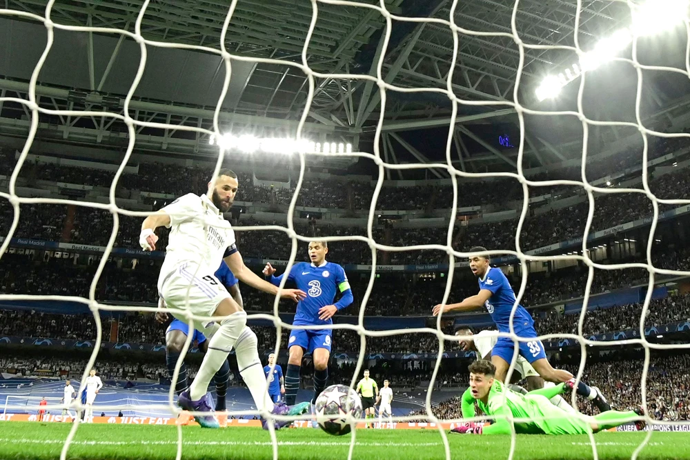 Benzema và đồng đội Real Madrid đã thắng Chelsea 2-0 ở lượt đi tứ kết Champions League. Ảnh: GETTY.