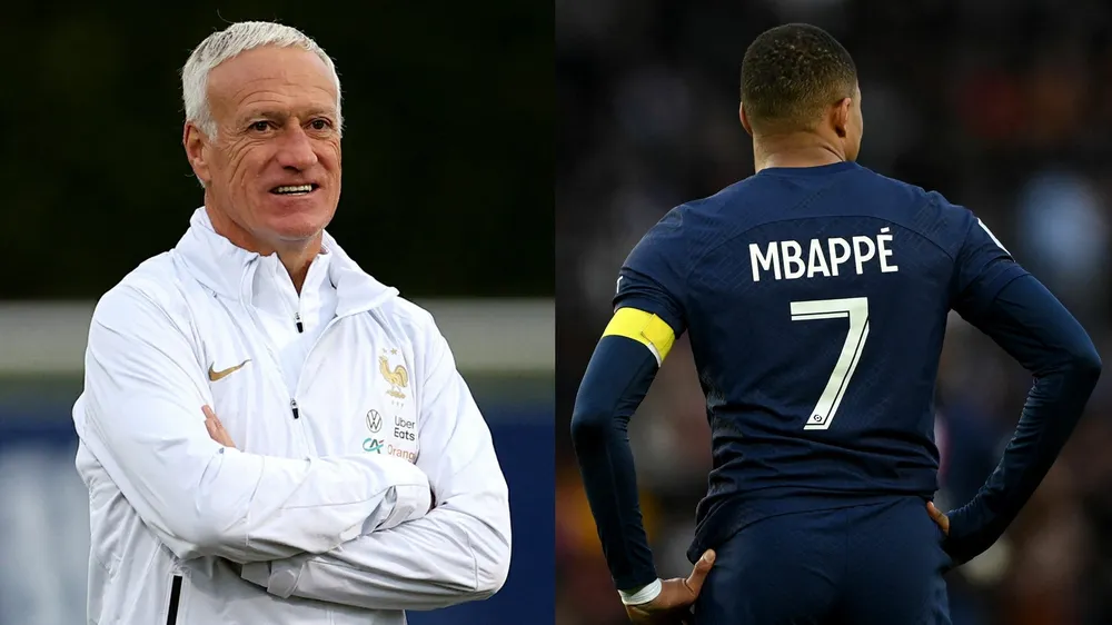 HLV Deschamps trao băng đội trưởng tuyển Pháp cho tiểu tướng Mbappe khiến đàn anh Griezmann ganh tỵ. Ảnh: GETTY.