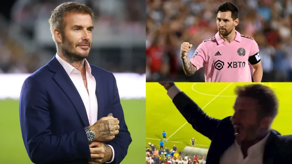 Beckham ăn mừng cuồng nhiệt trên khán đài sau cú sút phạt thành bàn đẳng cấp của Messi. Ảnh: GETTY.