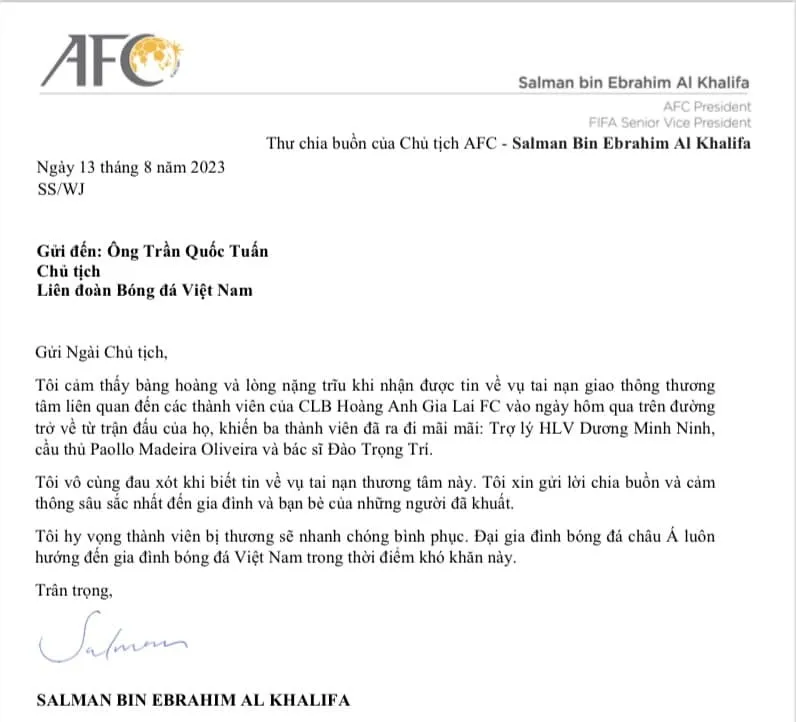 Chủ tịch AFC gửi thư chia buồn đến đại gia đình các thành viên HA Gia Lai tử nạn. Ảnh: AN. Chủ tịch AFC gửi thư chia buồn đến đại gia đình các thành viên HA Gia Lai tử nạn. Ảnh: AN.